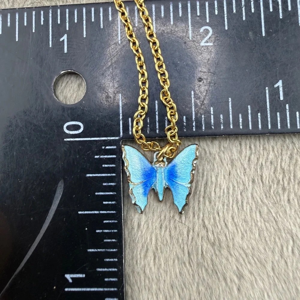Vintage Enamel Butterfly‎ Necklace Blue Guilloche Gold Tone 16